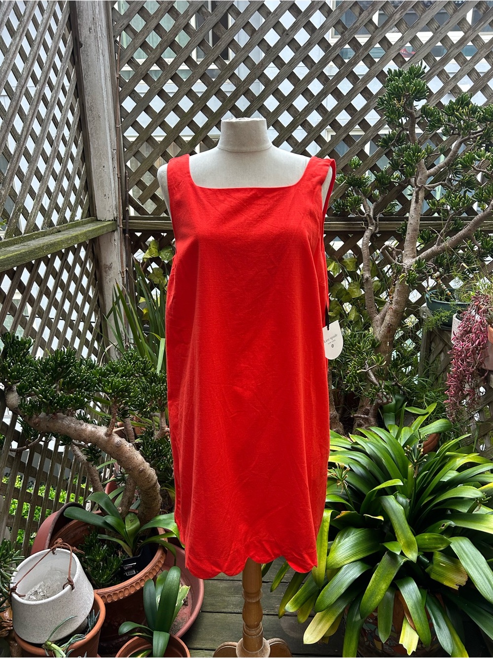Kate Spade Red -Orange Sleeveless Shift Dress. Scalloped hem. Size Medium NWT
